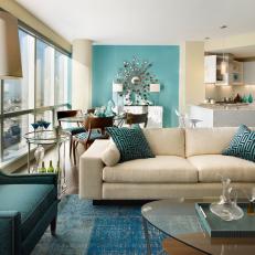 Modern Open-Concept Living Room With Aqua Decor