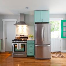 Transitional Gray Kitchen With Mint Green Cabinets