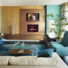 Blue Contemporary Living Room With Wood Fireplace