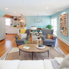 Transitional Blue Living Room With Neutral Furniture
