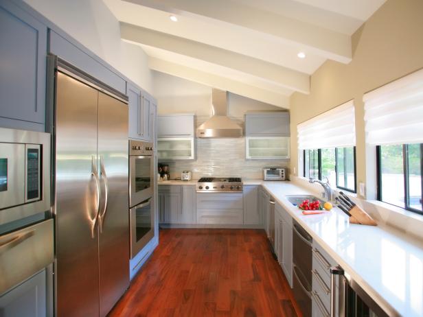 Large Contemporary Kitchen with Steel Appliances and Hardwood Floor
