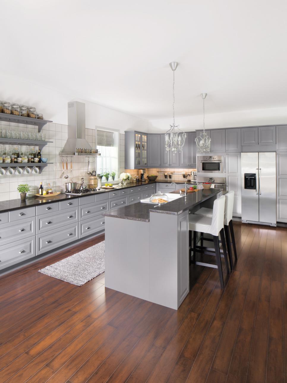 Transitional Gray Kitchen with Elegant Chandeliers | HGTV
