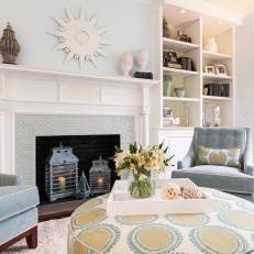 Glass-Tile Fireplace Dazzles in Transitional Living Room