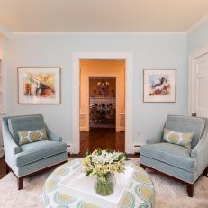Blue Transitional Living Room is Bright, Airy