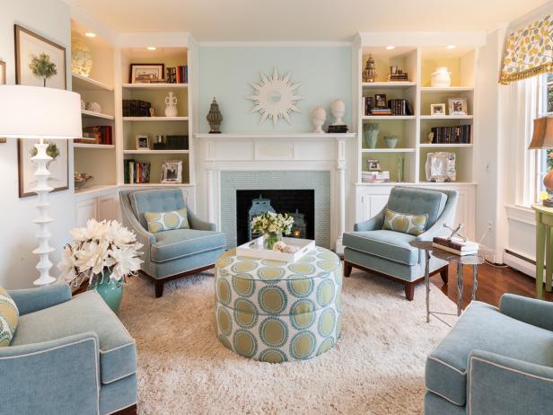 Pale Blue and Green Living Room With Fireplace | HGTV
