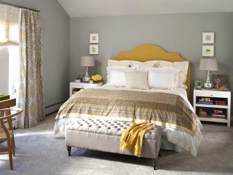Master bedroom makeover using yellow and gray color tones.