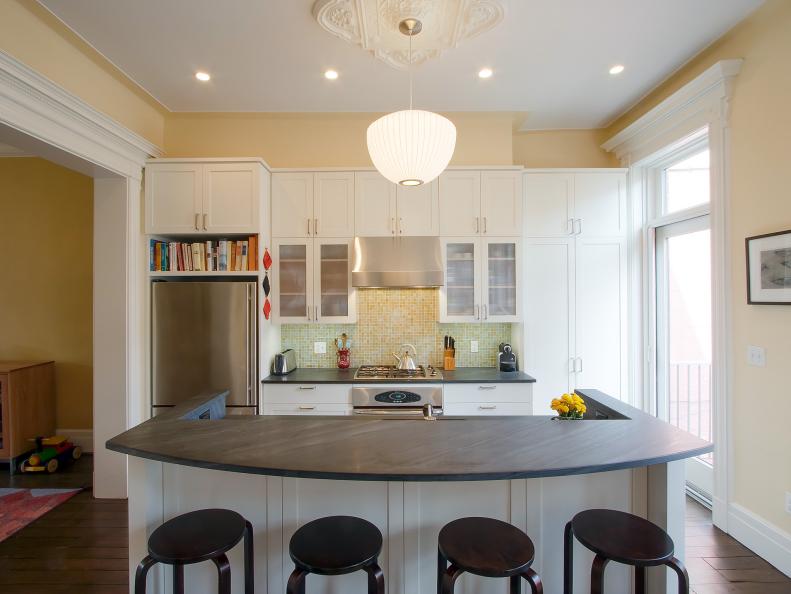 White Transitional Open Plan Kitchen 