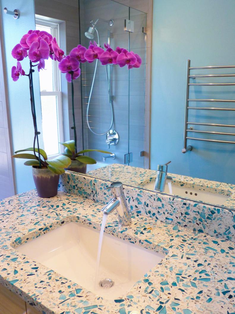 Caribbean Blue Bathroom With Recycled Glass Countertop