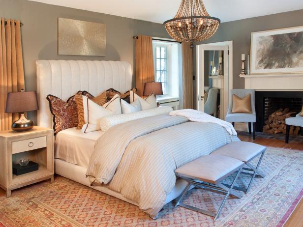 White and Gold Transitional Wide Shot Bedroom