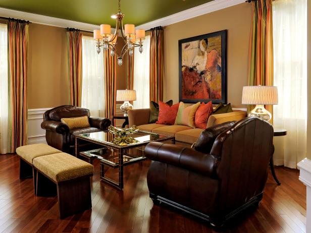 Brown Transitional Living Room With Green Painted Ceiling