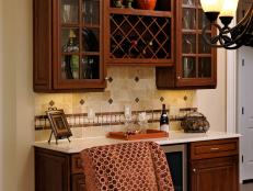 Brown Polka Dot Chairs and Wood Cabinets with Wine Rack