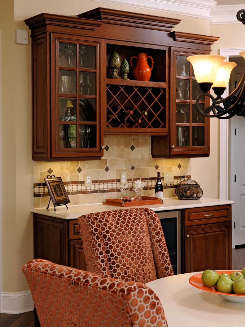 Brown Polka Dot Chairs and Wood Cabinets with Wine Rack
