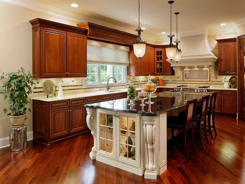 Contrasting Cabinets Provide Highlight Feature For Traditional Kitchen Neutral Traditional Kitchen With White Island and Rich Hardwood Flooring