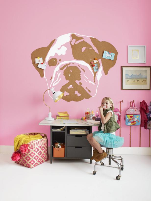 Child's bedroom: Wall art of bulldog using stencils, cork and paint.