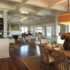 Open-Plan Coastal Living Space With Coffered Ceiling