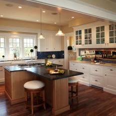 Yellow Cottage Kitchen With T-Shaped Island
