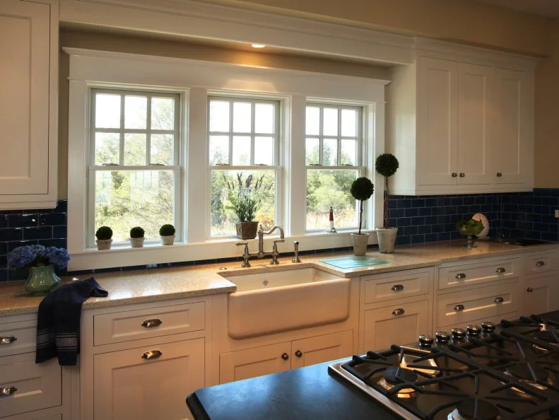 Cottage Kitchen With Blue Subway Tile Backsplash Cottage Kitchen With White Cabinets and Blue Subway Tile Backsplash