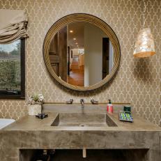 Transitional Bathroom With Contemporary Concrete Sink and Sea Grass Wallpaper 