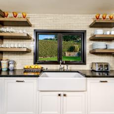 Elegant, Neutral Country Kitchen With Exposed Storage and Neutral Subway Tile Wall 