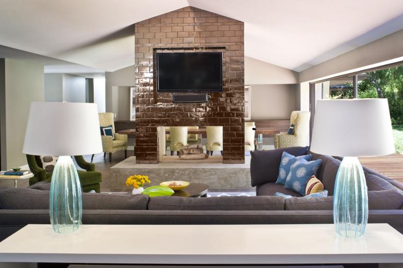 Double-Sided Brick Fireplace in Contemporary Living Room
