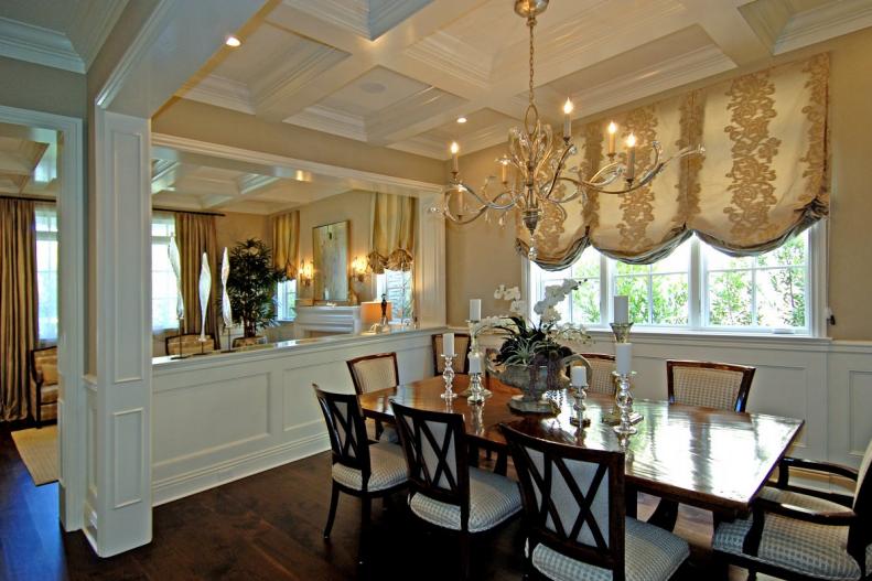 Neutral Traditional Dining Room With Coffered Ceiling, Chandelier