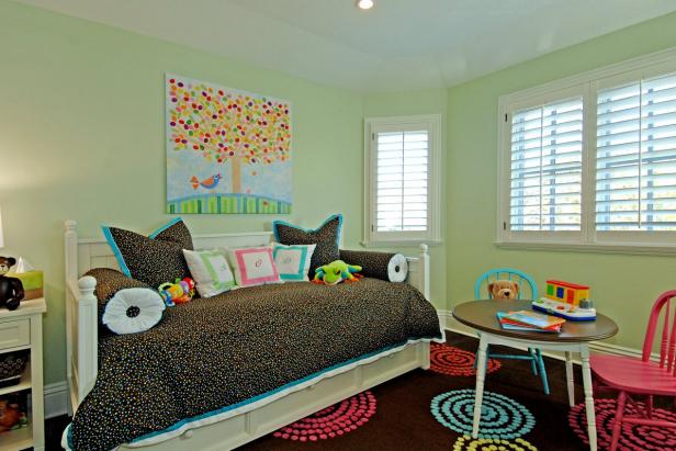 Transitional Kid's Room With Confetti Comforter and Polka Dot Details ...