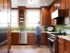Craftsman Kitchen With Red Wood Cabinets and Green Subway Tile Backsplash