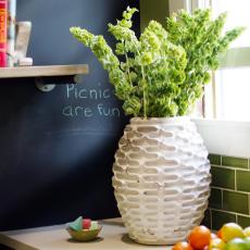 Craftsman Kitchen With Chalkboard Wall and Green Subway Tile 