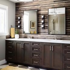 Exquisite Master Bathroom With Textured Feature Wall and Checkerboard Floor