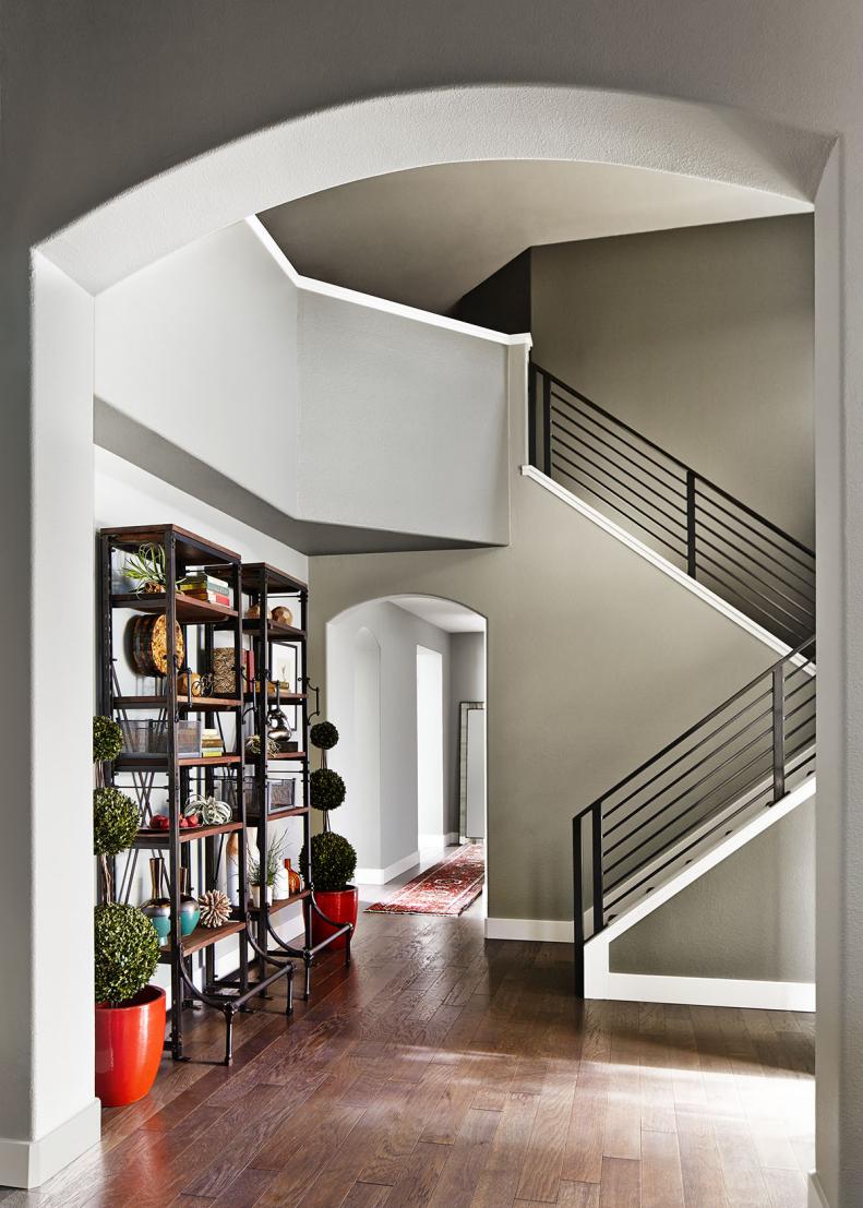 Gray Transitional Entryway With Stairwell