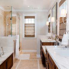 Double Vanity Bathroom With Burlap Roman Shades