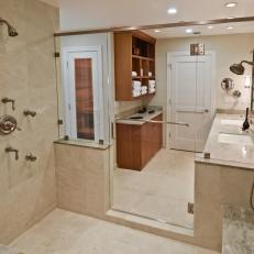 Spacious Spa Bathroom With Open Storage Cabinet