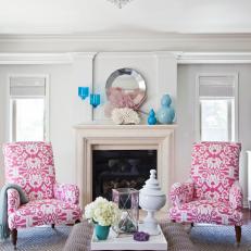 Neutral Living Room With Bold Pink Patterned Armchairs