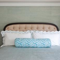 Transitional Green Bedroom With Upholstered Headboard