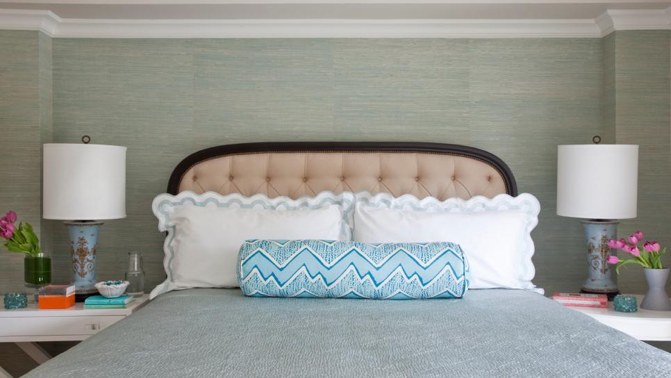 Transitional Green Bedroom With, Seafoam Green Tufted Headboard