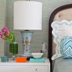 Eclectic Sea Green Bedroom With White Nightstand