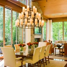 Elegant Dining Room With Walnut Table and Sliding Doors