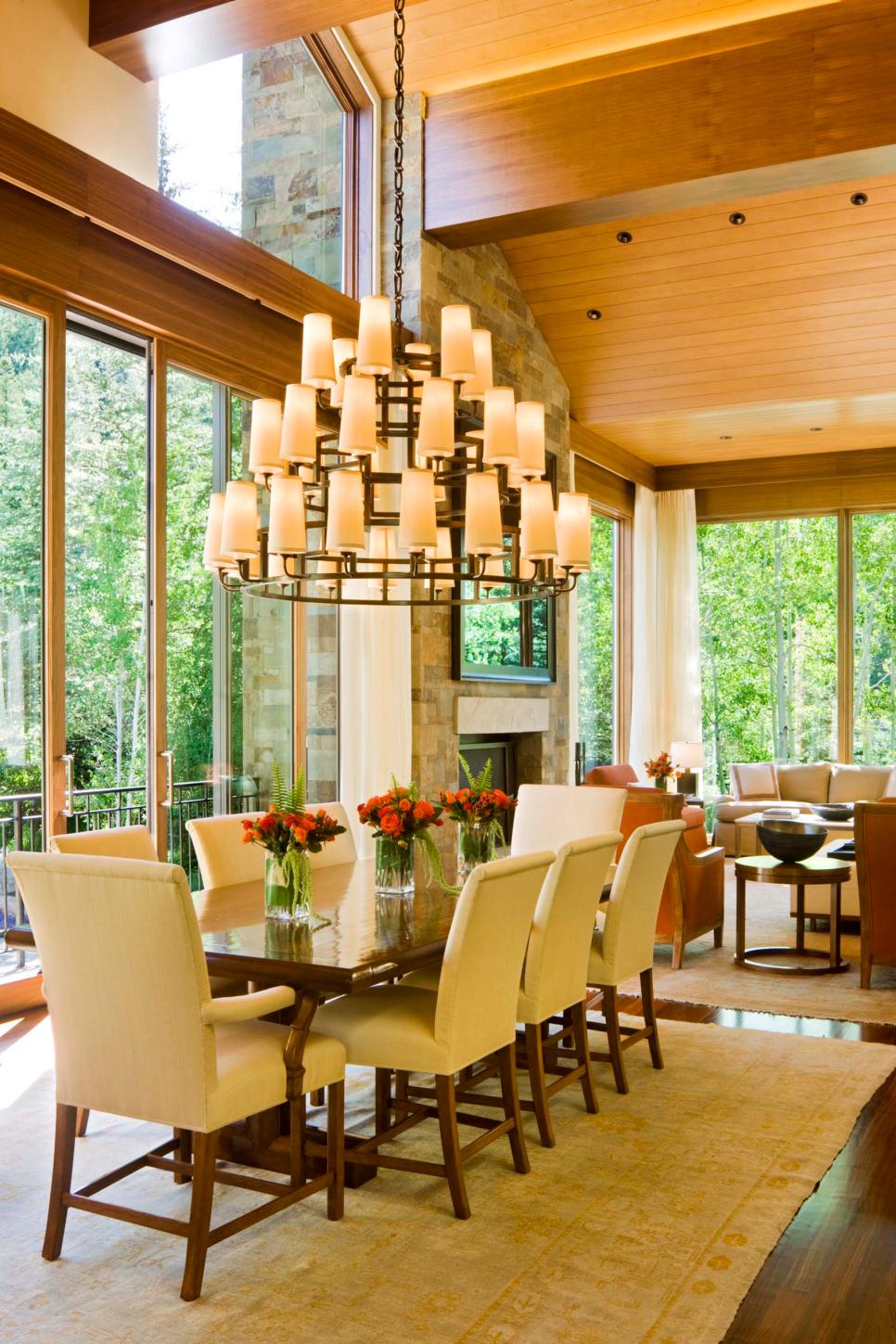 Elegant Dining Room With Walnut Table and Sliding Doors | HGTV