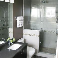 Contemporary Chocolate Brown Bathroom With White Tile Shower