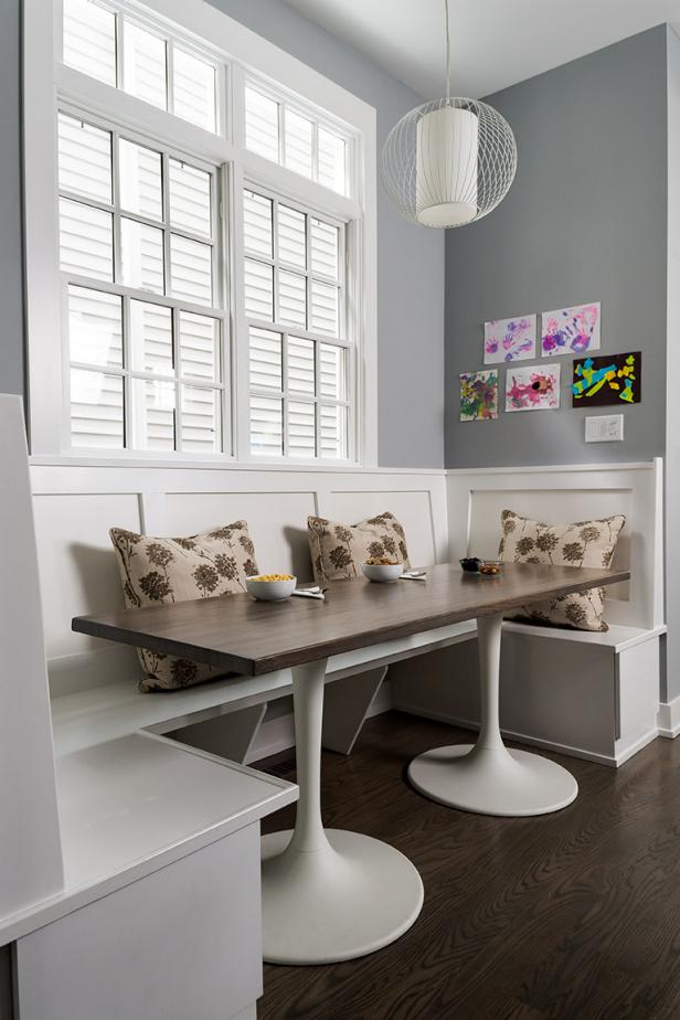 Transitional Gray Breakfast Nook With Banquette Seating | HGTV