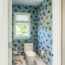 Master Bathroom With Bird-Print Wallpaper