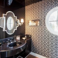 Powder Room With Granite Vanity and Patterned Wallpaper