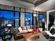 Art Deco Living Room With Large Windows Overlooking Las Vegas