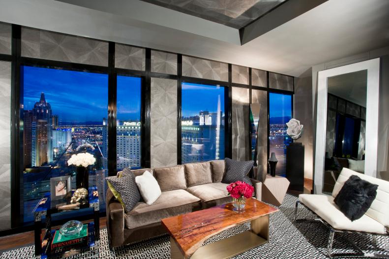 Art Deco Living Room With Large Windows Overlooking Las Vegas