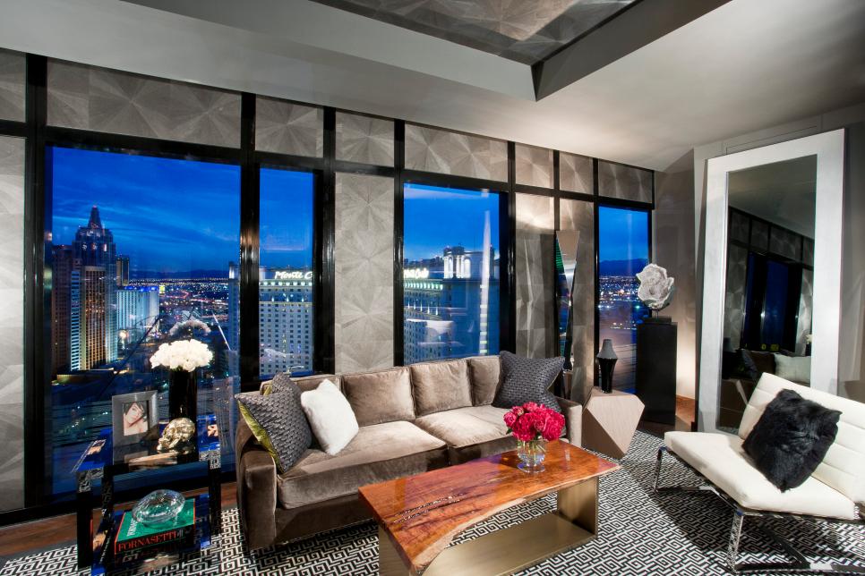 Silver Contemporary Living Room With Las Vegas Skyline View
