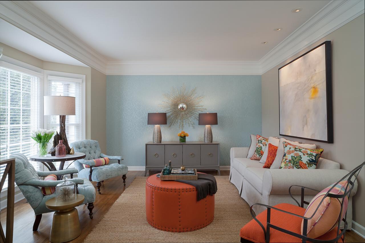 Energetic Transitional Living Room With Blue Accent Wall ...