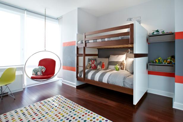 White Modern Kid's Room With Multicolored Polka Dot Rug