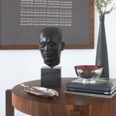 Contemporary Wood Side Table With Eclectic Collectibles 