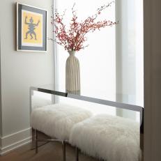 Lucite Console Table With Sheepskin Stools