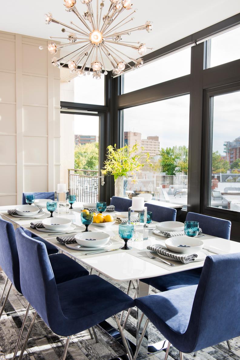 Art Deco Dining Space With Funky Metal Chandelier & Blue Dining Chairs
